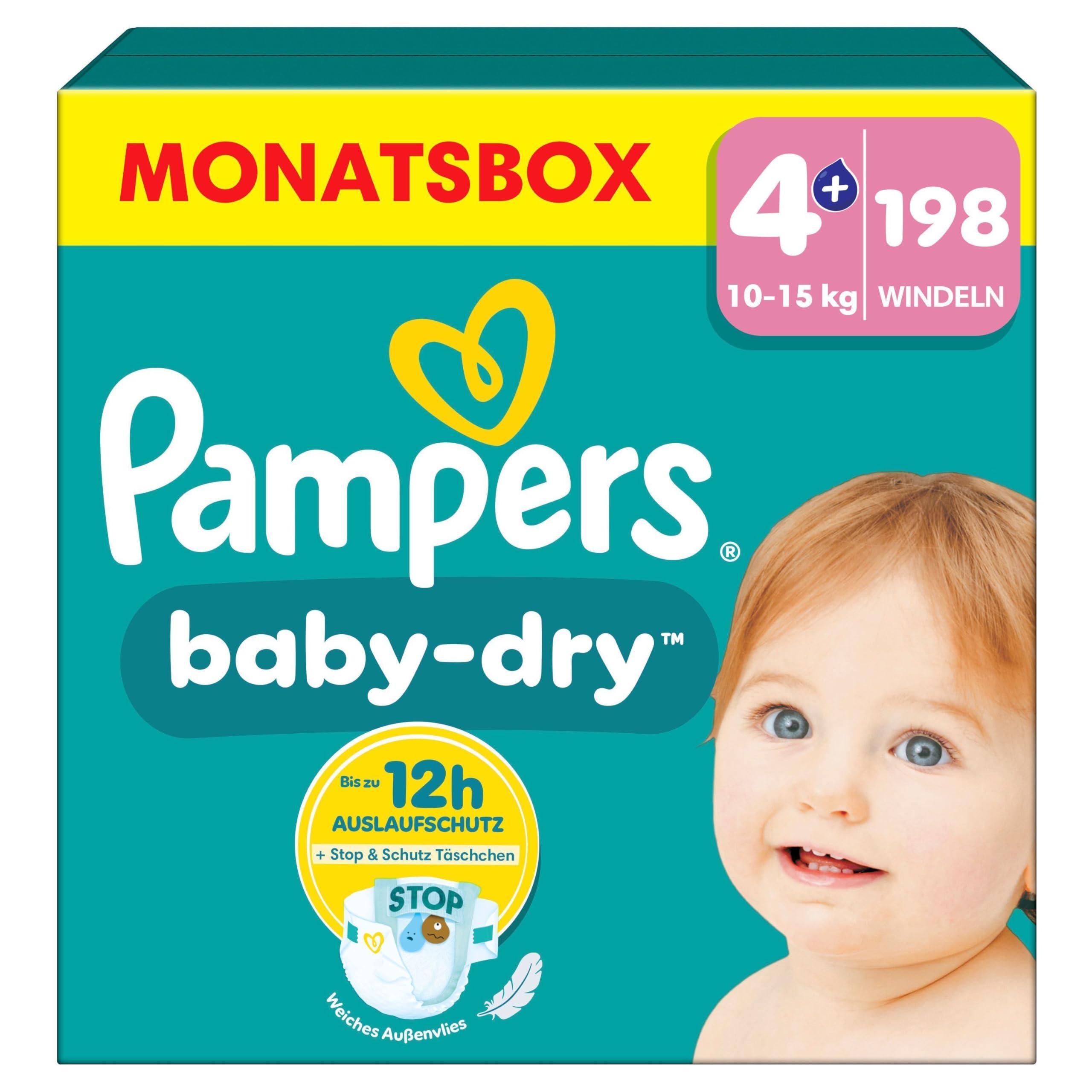 Pampers Baby-Dry Größe 4+, 198 Windeln, 10kg-15kg, Bis zu 100% Auslaufschutz & Komfort die ganze Nacht
