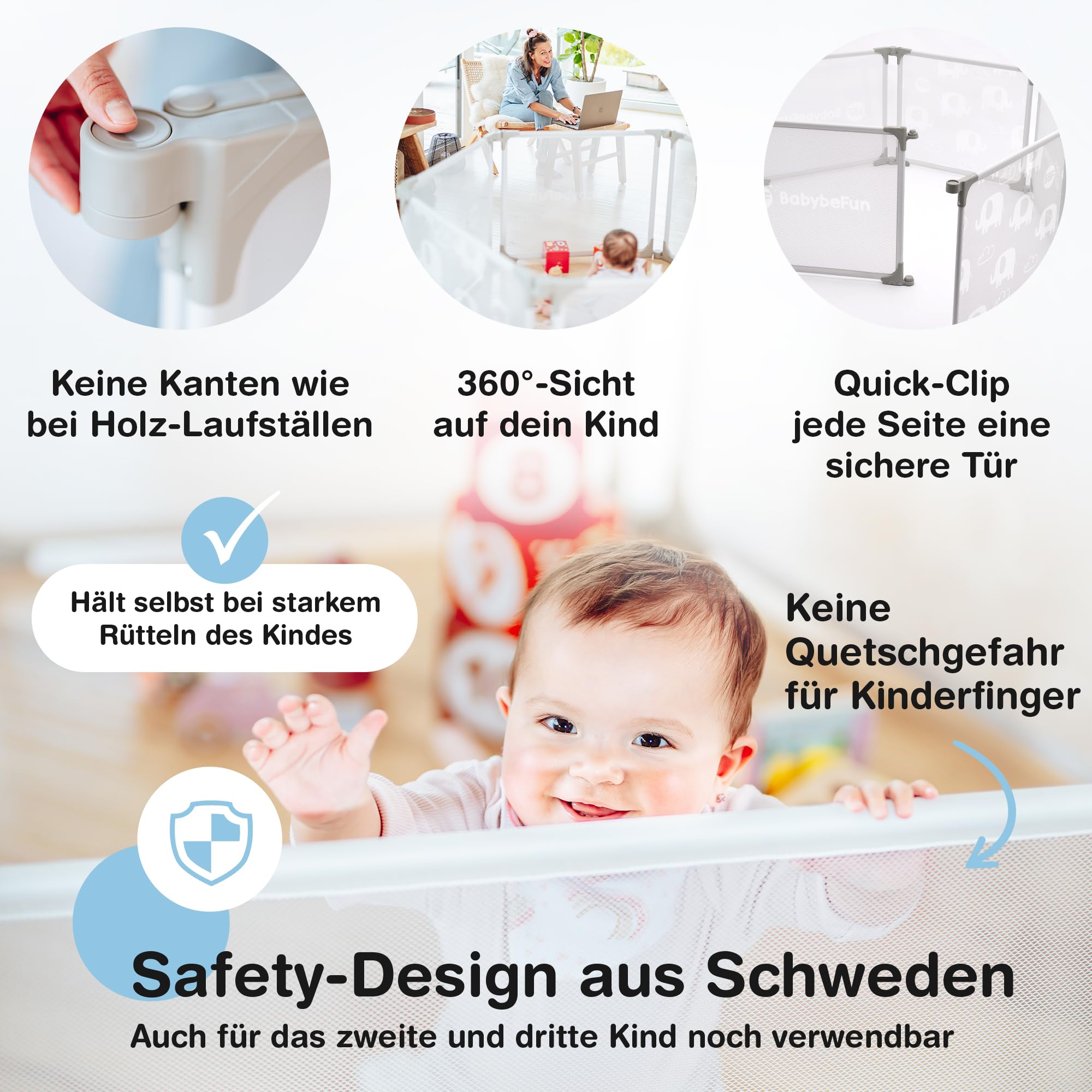 BabybeFun Laufstall Baby – 6-teilig & erweiterbar – Laufgitter Baby aus Stahl mit weicher Stoffummantelung - Laufstall faltbar & vielseitig einsetzbar (6-)