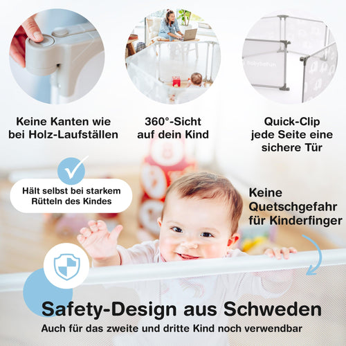 BabybeFun Laufstall Baby – 6-teilig & erweiterbar – Laufgitter Baby aus Stahl mit weicher Stoffummantelung - Laufstall faltbar & vielseitig einsetzbar (6-)