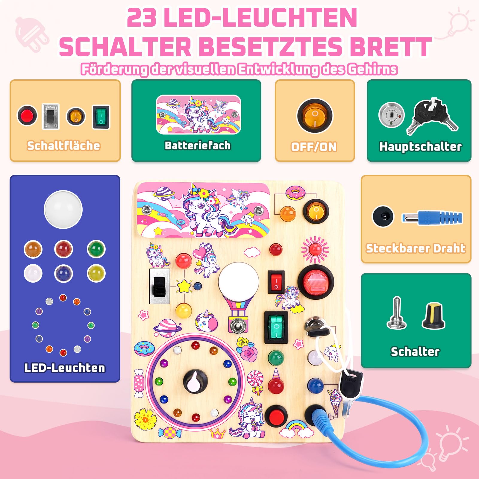 Unicorn Busy Board Montessori Spielzeug ab 1 jahr Activity Board Holzspielzeug Mit 10 Schaltern und 23 LED Lichtern Sensorik Spielzeug Motorikspielzeug für Babys und Kinder ab 1 2 3 4 Jahre Mädchen
