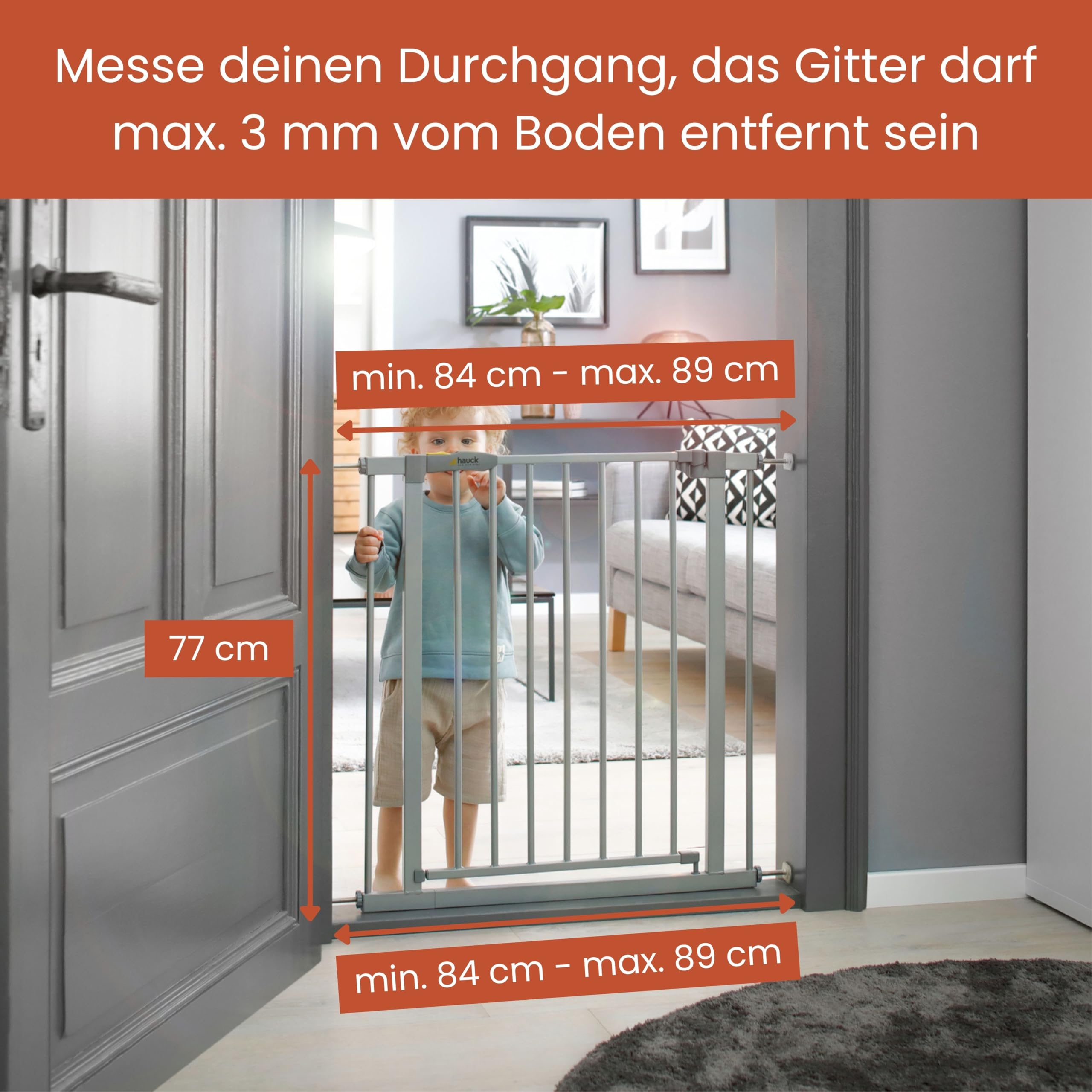 hauck Stop N Safe 2, Silber – Schutzgitter Treppe und Tür 84–89 cm – Kindersicheres Absperrgitter ohne Bohren – Manuelle 1 Hand Öffnung – nur für Innen - Auch für Hunde