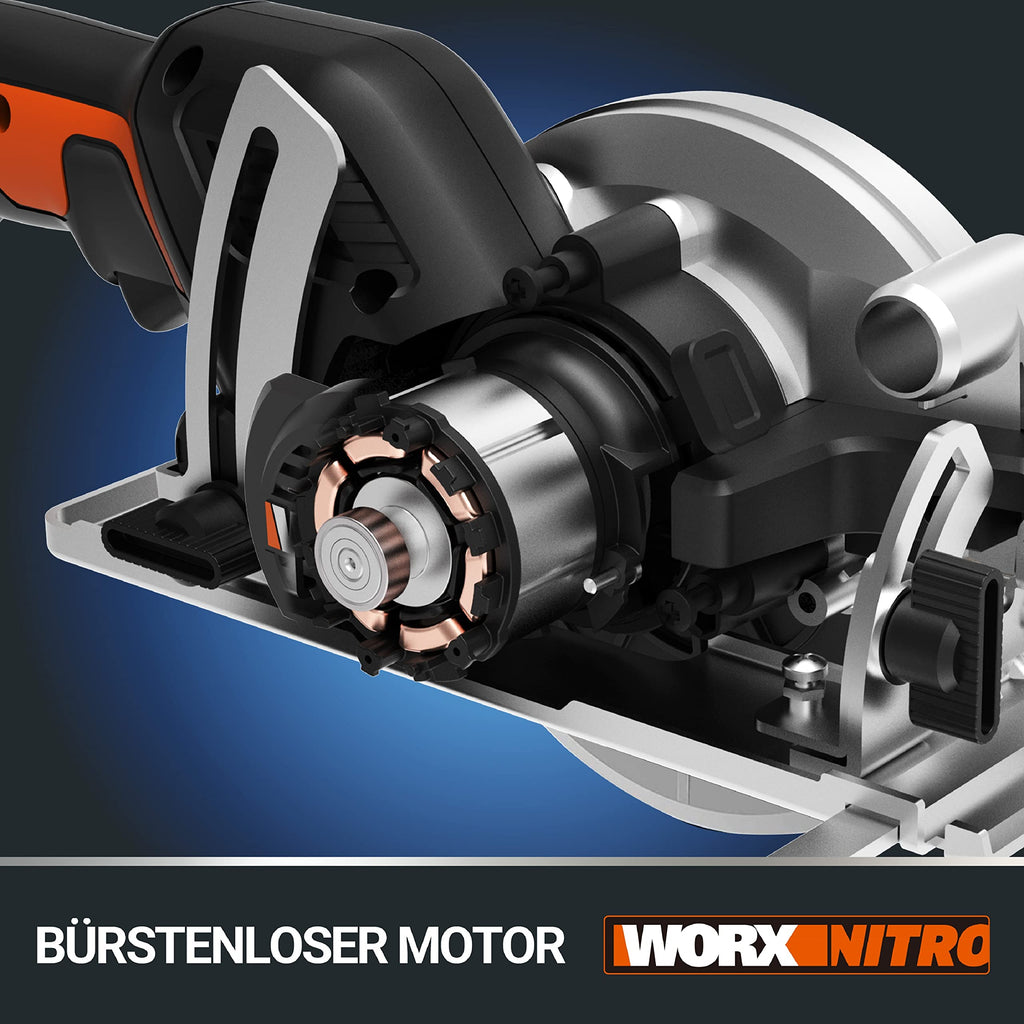WORX Nitro WX531.9 Akku Kreissäge 20V – Leistungsstarke Bürstenlose Kreissäge für exakte, gerade Schnitte – Schneidet mühelos Holz, Metall, Fliesen & Plastik – ohne Akku & Ladegerät