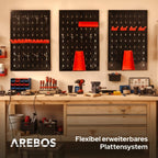Arebos Werkzeugwand 3-teilige Lochwand Werkstatt | 17-teiliges Hakenset & Halterungen | 117,6 x 59,5 x 2 cm | Werkzeuglochwand aus Metall für Werkstatteinrichtung inkl. Montagematerial | Rot