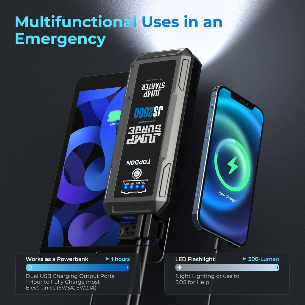 TOPDON JS2000Pro Starthilfe Powerbank, 2500A Jump Starter Auto Batterie Booster für bis zu 8L Benzin&6L Dieselmotoren, Auto Starter Powerpack PKW/Kfz mit Starthilfekabel/Eva Tasche/Eingebaute LED