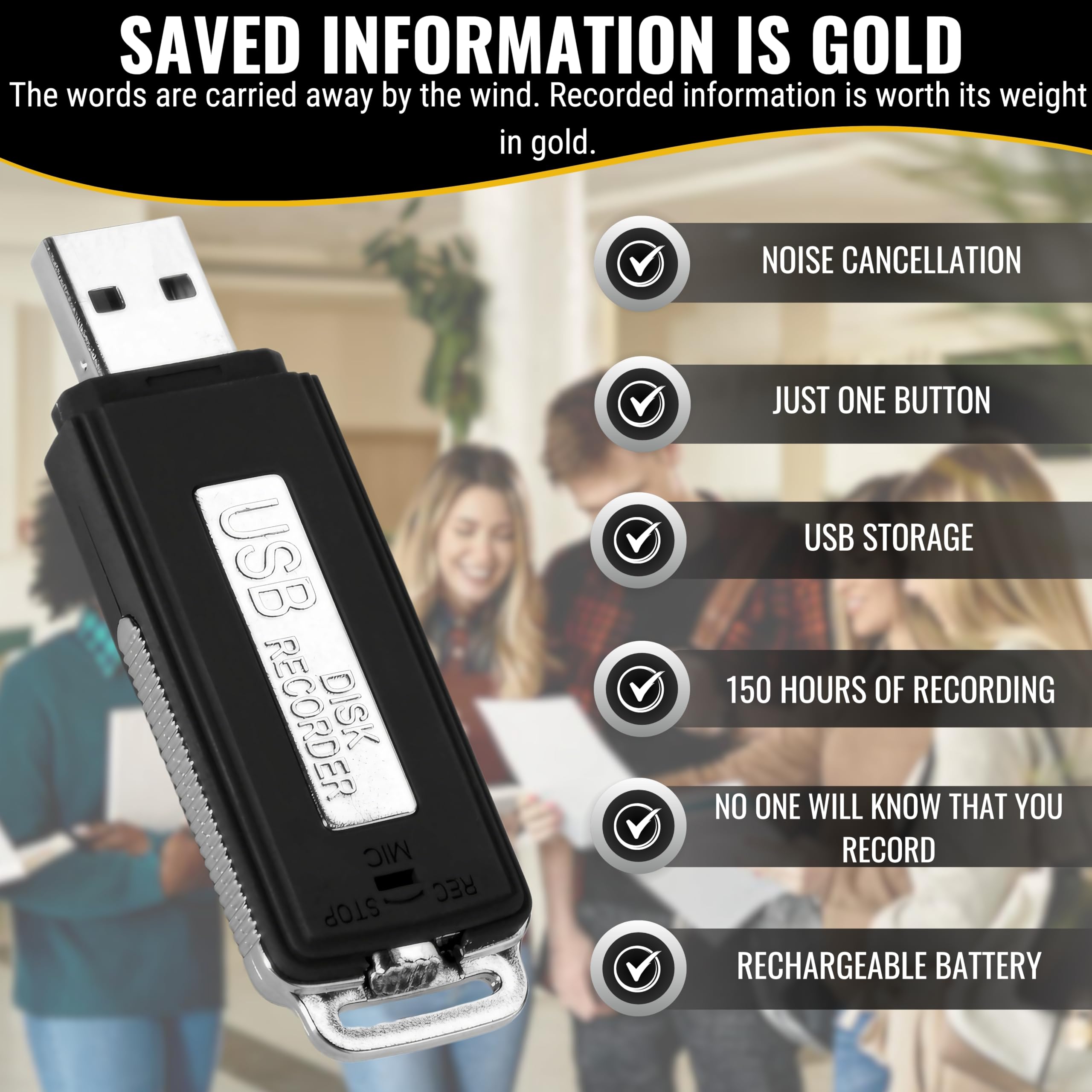 Digitales Diktiergerät, USB, Mini-Sprachaufnahme, Spion, 8 GB, kleiner Spion, USB, für Meetings, Interviews, Konferenzen, Unterricht, mit Speicher für mehrere Stunden Aufnahmezeit ST-1