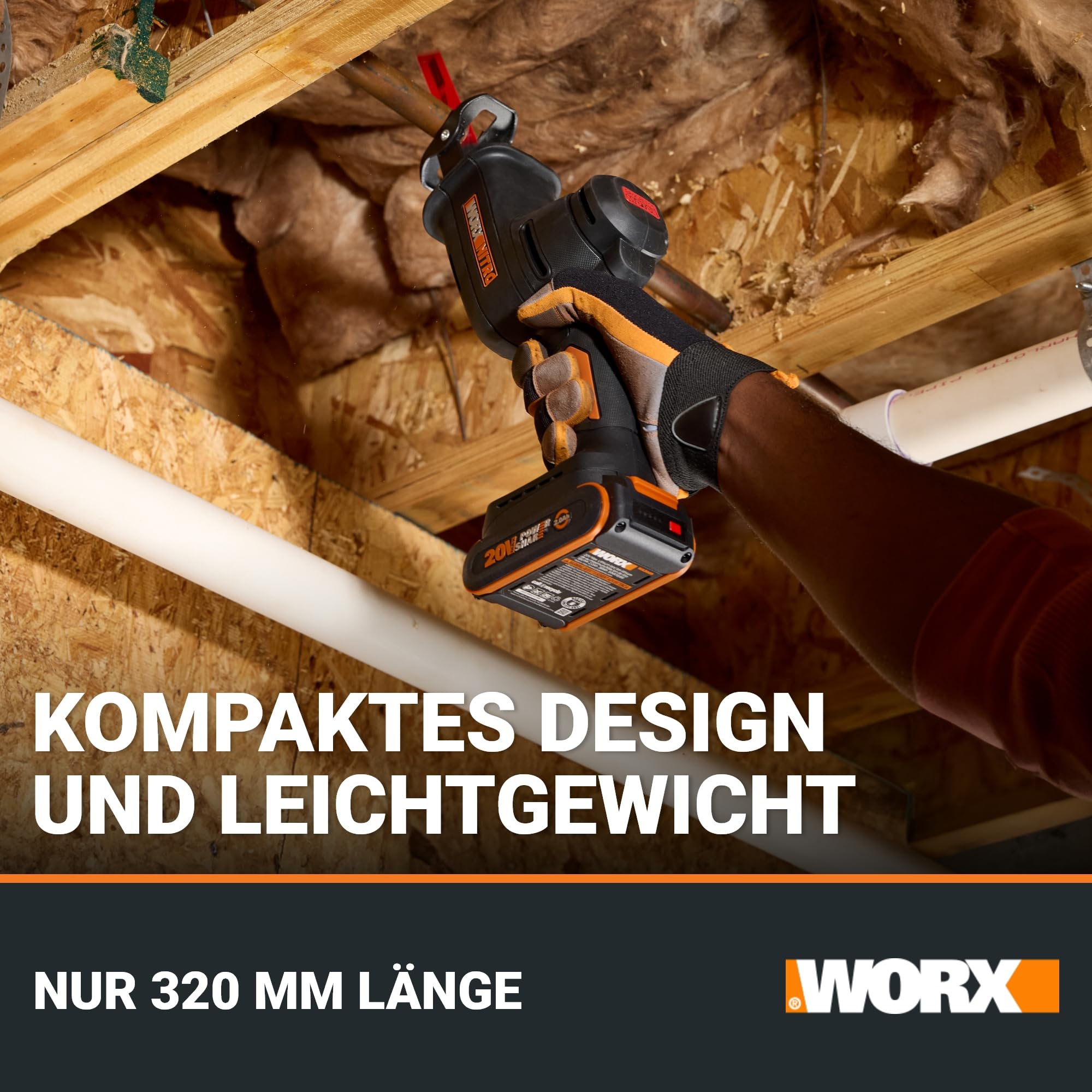 WORX WX501.9 Akku-Säbelsäge 20V – leistungsstarke Brushless Motor – 26mm Hublänge – 0-3000/min Leerlaufdrehzahl– leicht & kompakt – werkzeugloser Messerwechsel – LED Licht – ohne Akku & Ladegerät