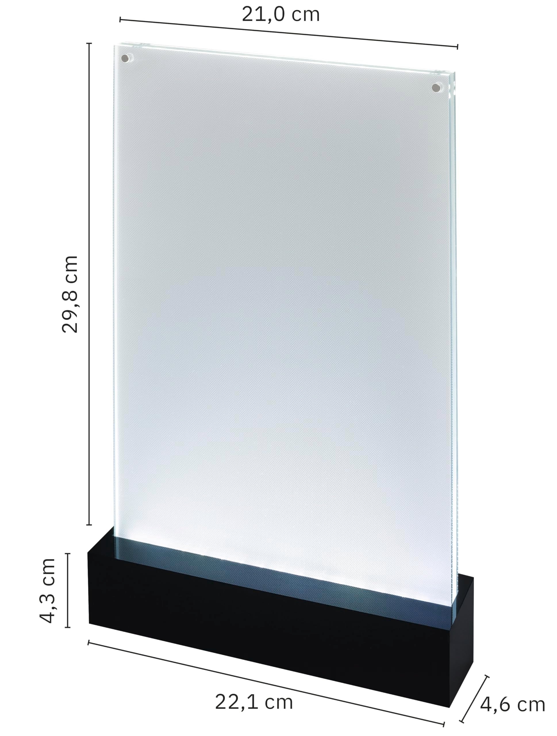 Sigel TA420 Beleuchtbarer LED-Tischaufsteller A4, hochwertiges glasklares Acryl mit schwarzem Sockel - geeignet für Gastronomie und Events, Werbeaufsteller