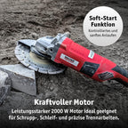 WALTER Winkelschleifer 2000 Watt, Scheiben-Ø: 230 mm, Polieren, Flexen, Flächen und Kanten schleifen, Rost entfernen, Messer schärfen, Bearbeiten harte Werkstoffe wie Stein & Metall, Beton, Fliesen