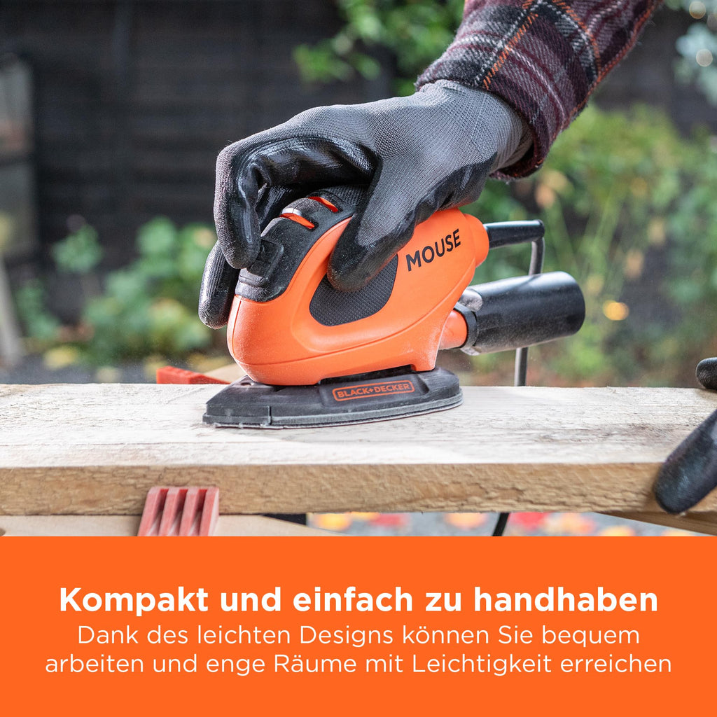 BLACK+DECKER 55W Kompakter elektrischer Deltaschleifer, mit Staubabsauganschluss und 15 Zubehörteilen, inklusive Schleifblättern, Detailschleifspitzen und einer Softtasche, BEW230BC-QS