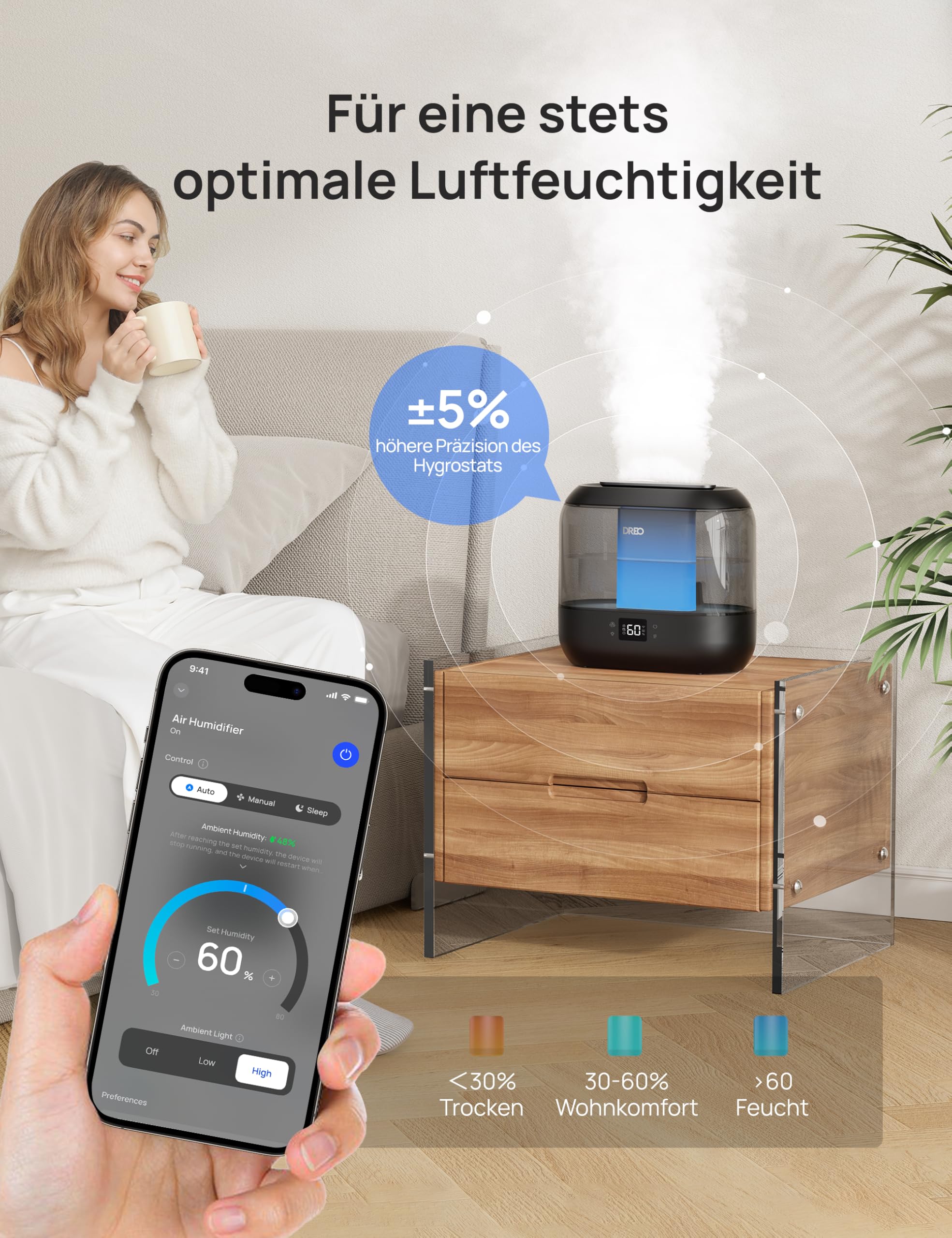 Dreo Smart Luftbefeuchter für Schlafzimmer, oben befüllbarer 4L Supergroßer Kühler Nebel Humidifier mit Öl Diffusor und Nachtlicht, 36 Stunden Laufzeit, leiser Ultraschall Luftbefeuchter Zuhause