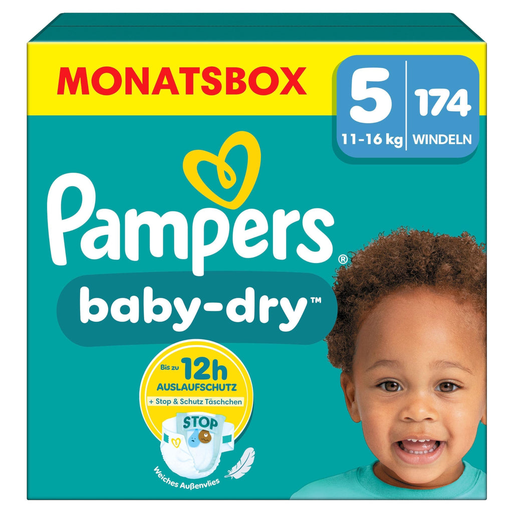 Pampers Baby-Dry Größe 5, 174 Windeln, 11kg-16kg, Bis zu 100% Auslaufschutz & Komfort die ganze Nacht