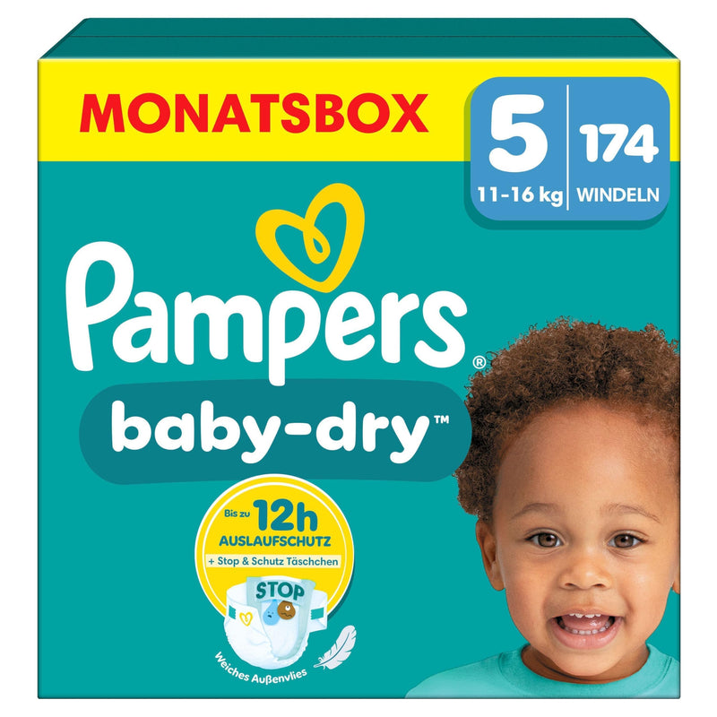 Pampers Baby-Dry Größe 5, 174 Windeln, 11kg-16kg, Bis zu 100% Auslaufschutz & Komfort die ganze Nacht