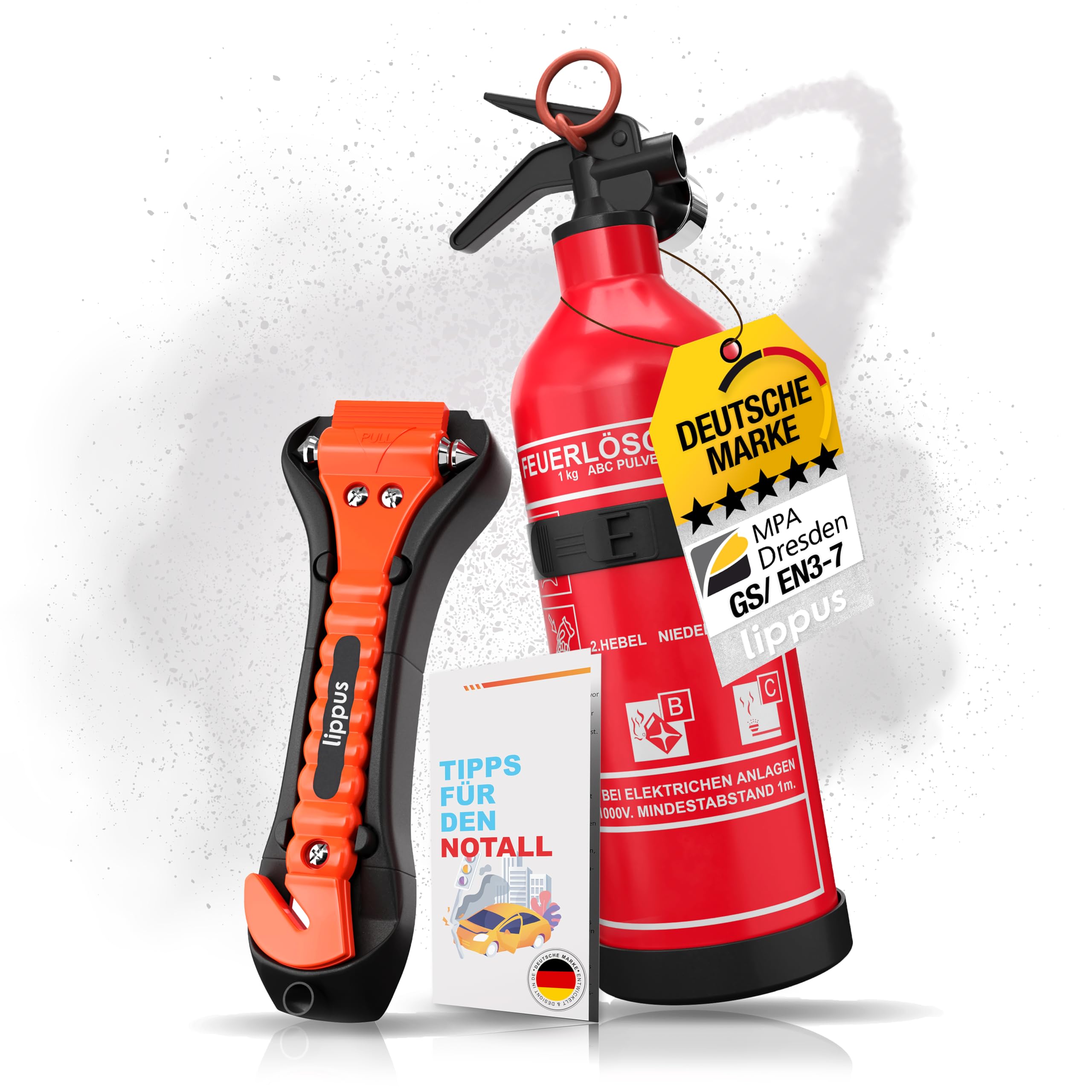 Feuerlöscher Auto 1kg + Nothammer Auto mit Gurtschneider [INKL. NOTFALLKARTE] - Strengste Qualitätssicherung - Notfallhammer, PKW Autofeuerlöscher, kfz, klein