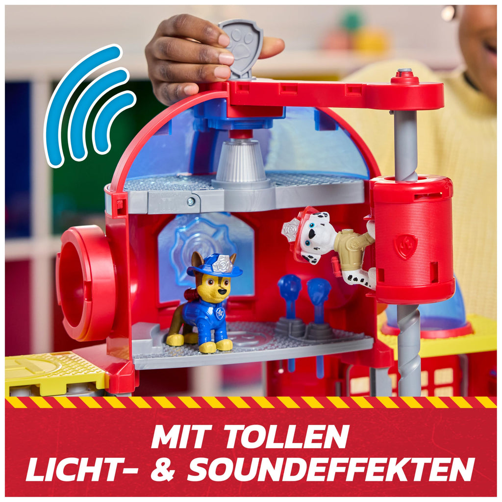 PAW PATROL – Fire Rescue Feuerwehr-Station mit Licht- und Soundeffekten, Wasserkanone, Rutschstange und Startrampe, ca. 38 cm, inkl. Marshall-Figur und Feuerwehrauto, für Kinder ab 3 Jahren