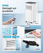 Mobile Klimaanlage 9000 BTU mit Abluftschlauch | 4-in-1 Mobiles Klimagerät | Leiser Betrieb <48 dB | Digitaldisplay + Fernbedienung | Fenster-Installationsset | 24h-Timer | Für Räume bis 25 m²
