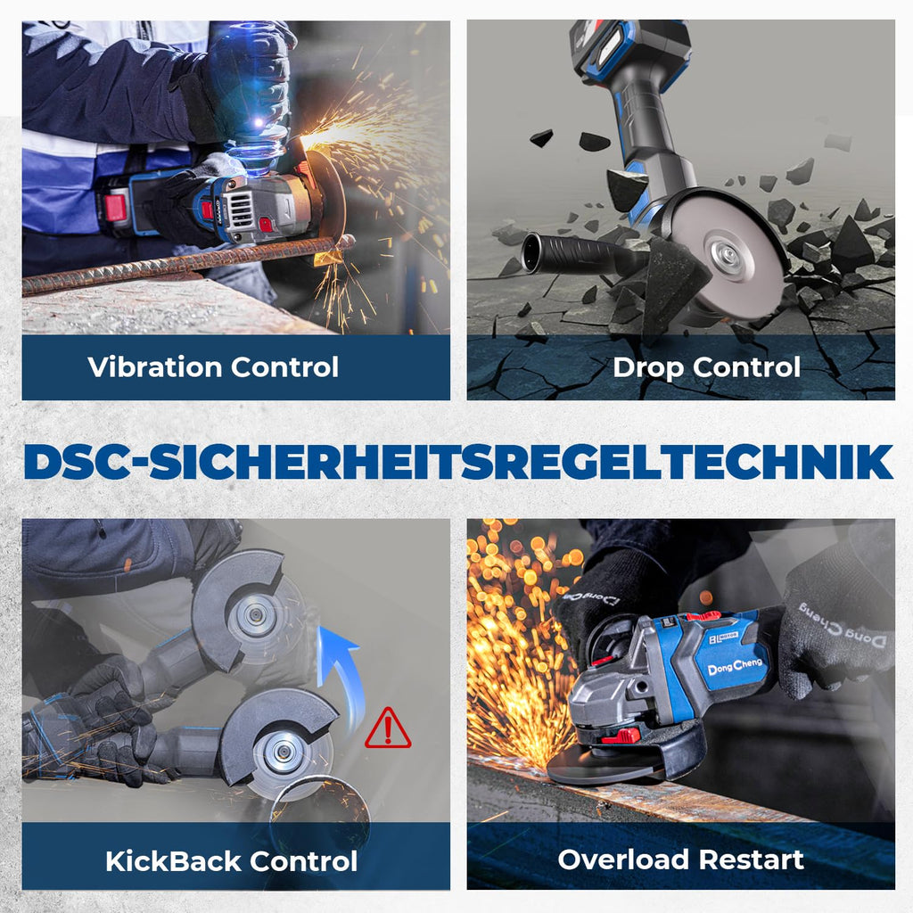 DongCheng Akku-Winkelschleifer 18V, Ø 125mm, 1000W, bürstenloser Motor, 3 Drehzahlstufen, Schnellspannschutz, Anti-Vibrationsgriff, inkl. 2 Schleif-, 2 Fächer-, 2 Trennscheiben, 4.0Ah Akku & Ladegerät