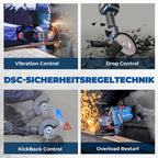 DongCheng Akku-Winkelschleifer 18V, Ø 125mm, 1000W, bürstenloser Motor, 3 Drehzahlstufen, Schnellspannschutz, Anti-Vibrationsgriff, inkl. 2 Schleif-, 2 Fächer-, 2 Trennscheiben, 4.0Ah Akku & Ladegerät