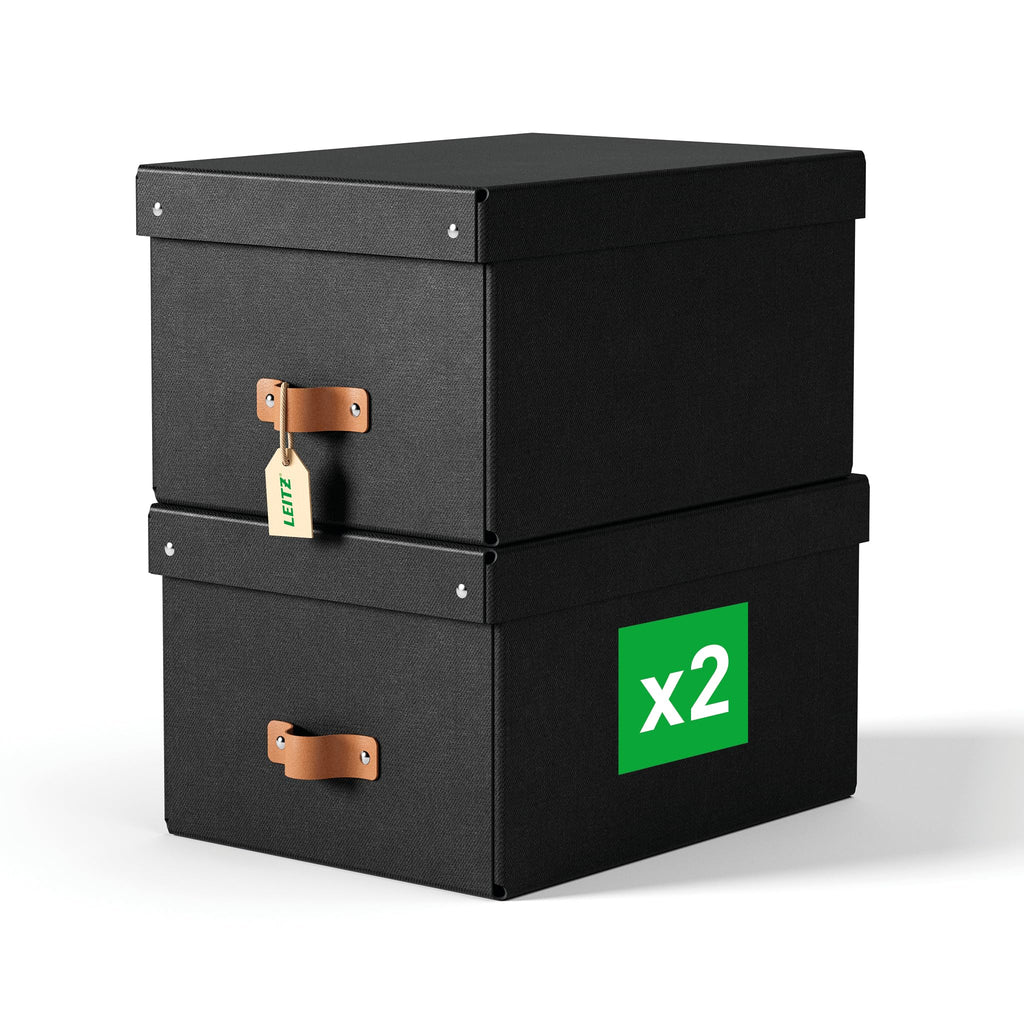 Leitz Puro Aufbewahrungsbox mit Deckel, Medium, 2er-Set, Box 17 L, stapelbar, Organizer-Box für Regale und Schränke, FSC-Karton, für Büro und Home Office, 26 x 35 x 20 cm, Schwarz, 61490095