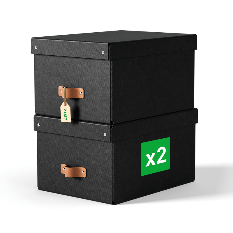 Leitz Puro Aufbewahrungsbox mit Deckel, Medium, 2er-Set, Box 17 L, stapelbar, Organizer-Box für Regale und Schränke, FSC-Karton, für Büro und Home Office, 26 x 35 x 20 cm, Schwarz, 61490095