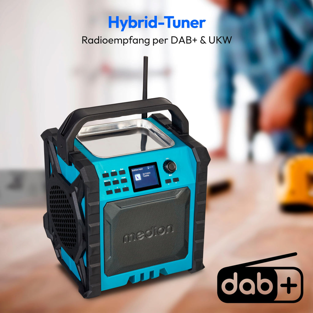 MEDION P66896 Baustellenradio (DAB Plus, DAB+/UKW, integrierter Akku, Farbdisplay, Bluetooth, Powerbank-Funktion, IP54, robust, Zwei Passivradiatoren)