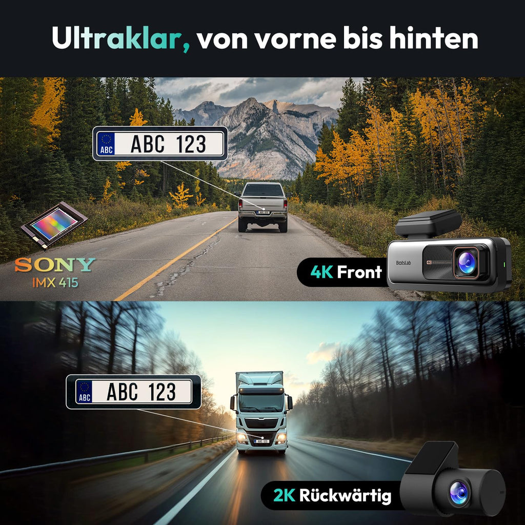 BOTSLAB Dashcam Auto Vorne Hinten 4K+2K mit GPS WiFi und Hardwire-Kit, Dash Cam Auto Kamera mit ADAS, Kostenlose 64-GB-Karte, 24/7 Parküberwachung, 2,45" IPS, Nachtsicht, WDR, 170°Weitwinkel