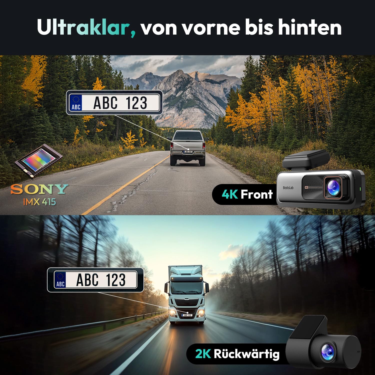 BOTSLAB Dashcam Auto Vorne Hinten 4K+2K mit GPS WiFi und Hardwire-Kit, Dash Cam Auto Kamera mit ADAS, Kostenlose 64-GB-Karte, 24/7 Parküberwachung, 2,45" IPS, Nachtsicht, WDR, 170°Weitwinkel