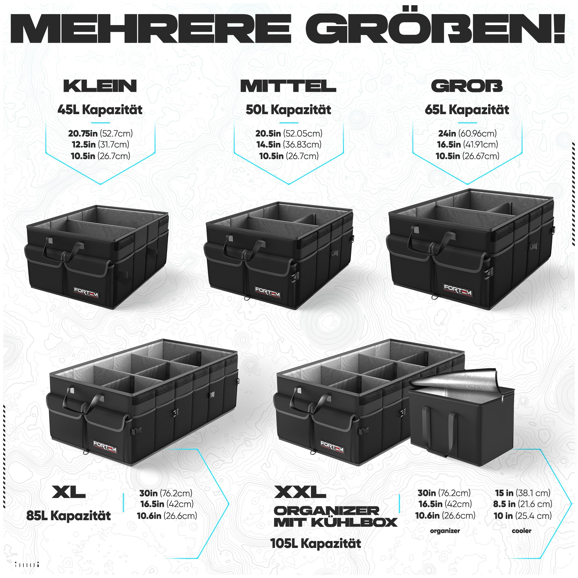 FORTEM Kofferraum Organizer, Kofferraumtasche, Zusammenklappbarer Auto Organizer Kofferraum mit Fächern, Rutschfester Boden, Verstellbare Sicherungsriemen, Klappbarer Deckel (Schwarz)