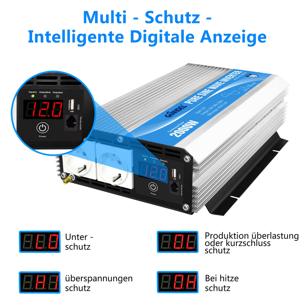 GIANDEL 2000W Wechselrichter 12V auf 230V Reiner Sinus Spannungswandler Kompatibel Lithium-Batterie, Für Wohnmobil, LKW, Zuhause, Off-Grid Solarstrom Umwandler-Inverter mit LED-Anzeige