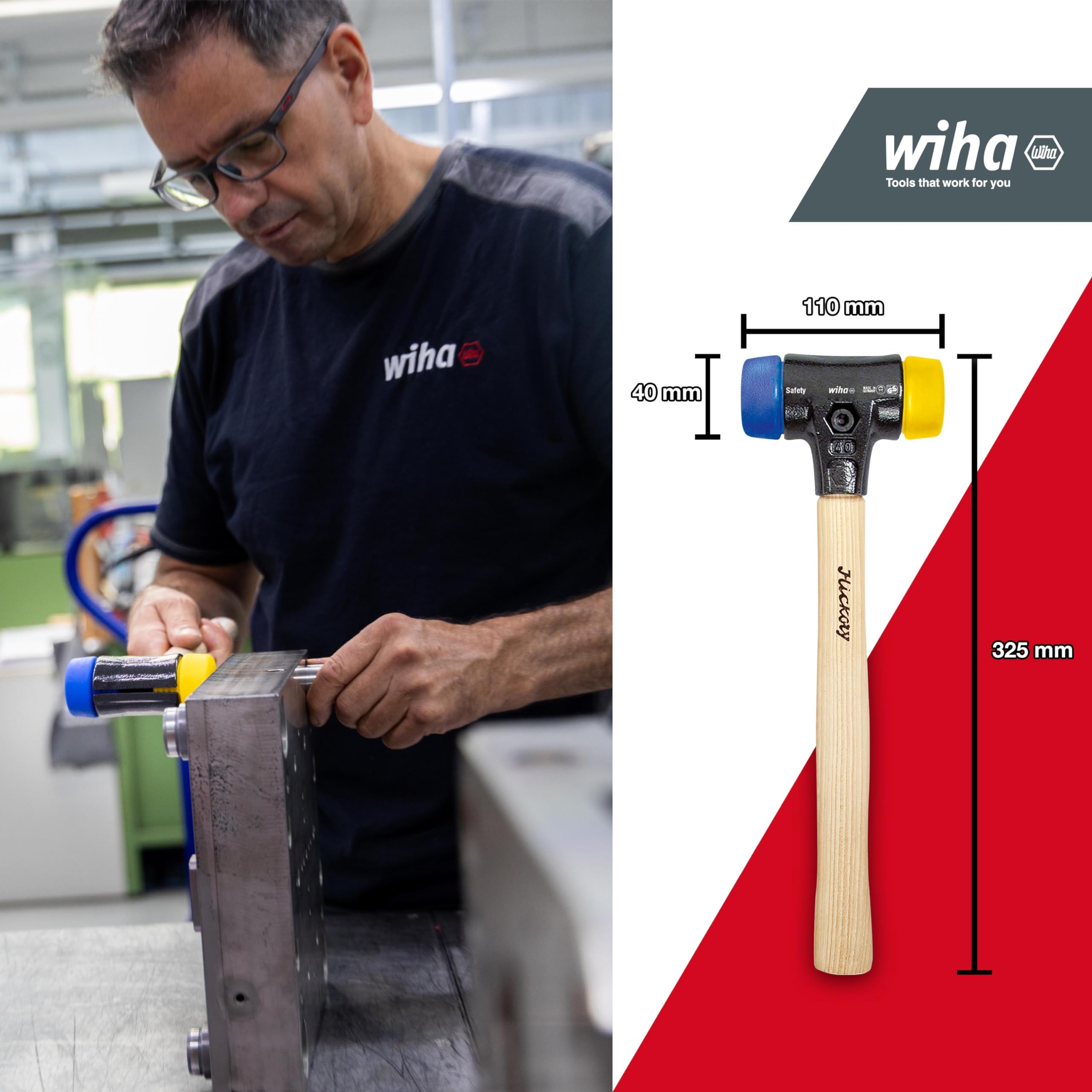 Wiha Schonhammer Safety I weich/mittelhart I Hickory-Holzstiel I Rund-Schlagkopf Ø 40 mm I Kunststoffhammer 325 mm I 620 g I Innenausbau, Montagearbeiten, Kfz-Reparatur & Maschinenbau (26654)