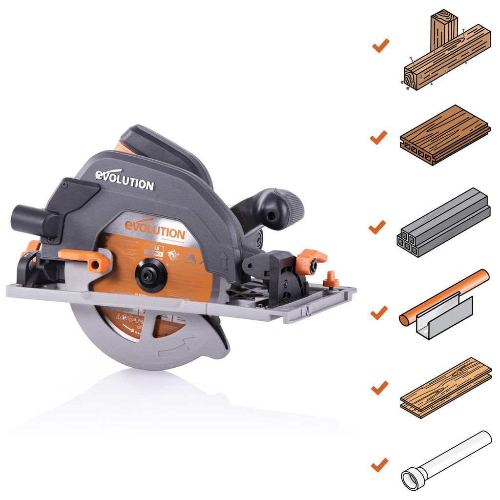 Evolution Handkreissäge R185CCSX Kreissäge Tauchsäge 1600W Inkl. Ø 185 mm HM-Sägeblatt Multi-Material-Schneiden Holz, Aluminium, Stahl, Kunststoff | Mit 3-teiliger 1020mm Mini-Schiene Führungsschiene