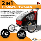 SAMAX Fahrradanhänger Jogger 2in1 Kinderanhänger Kinderfahrradanhänger Transportwagen vollgefederte Hinterachse für 2 Kinder in Rot/Schwarz - Silver Frame