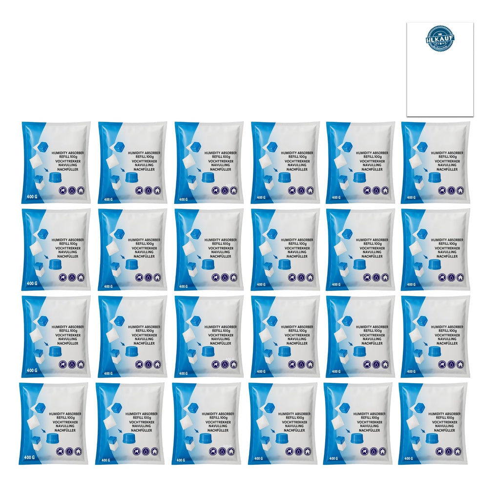 Luftentfeuchter Nachfüllpack 24 x 400g Entfeuchter Granulat für Raumentfeuchter und Luftentfeuchter Box Nachfüllpacks gegen Feuchtigkeit & Gerüche für Bad, Keller, Wohnmobil & HLKauf-Block