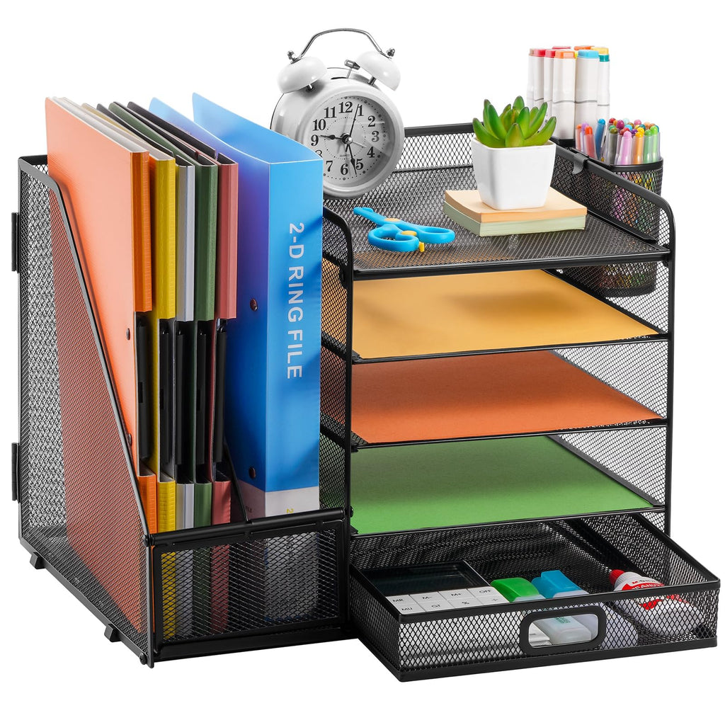 Marbrasse Schreibtisch Organizer mit Aktenhalter, 5 Ebenen Papier Briefablage mit Schublade und 2 Stiftehalter,Schreibtisch Netz Ablagefächer Organizer mit für Büro Bedarf (Schwarz)