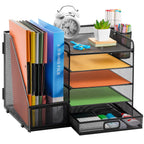 Marbrasse Schreibtisch Organizer mit Aktenhalter, 5 Ebenen Papier Briefablage mit Schublade und 2 Stiftehalter,Schreibtisch Netz Ablagefächer Organizer mit für Büro Bedarf (Schwarz)