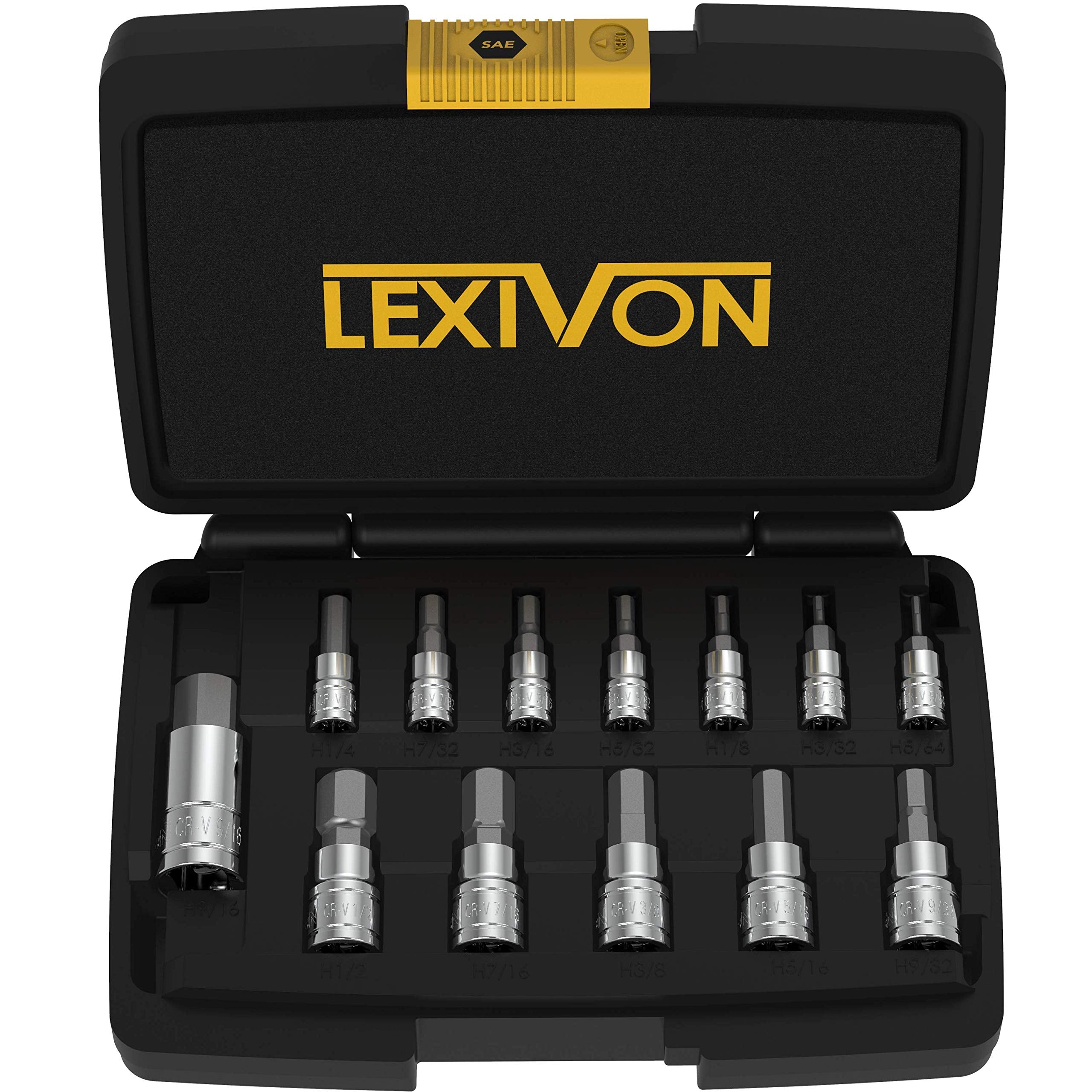 LEXIVON Sechskant steckschlüssel SAE satz, Größen: 5/64", 3/32", 1/8", 5/32", 3/16", 7/32", 1/4", 9/32", 5/16", 3/8", 7/16", 1/2", 9/16", S2 Alloy Steel (LX-142)