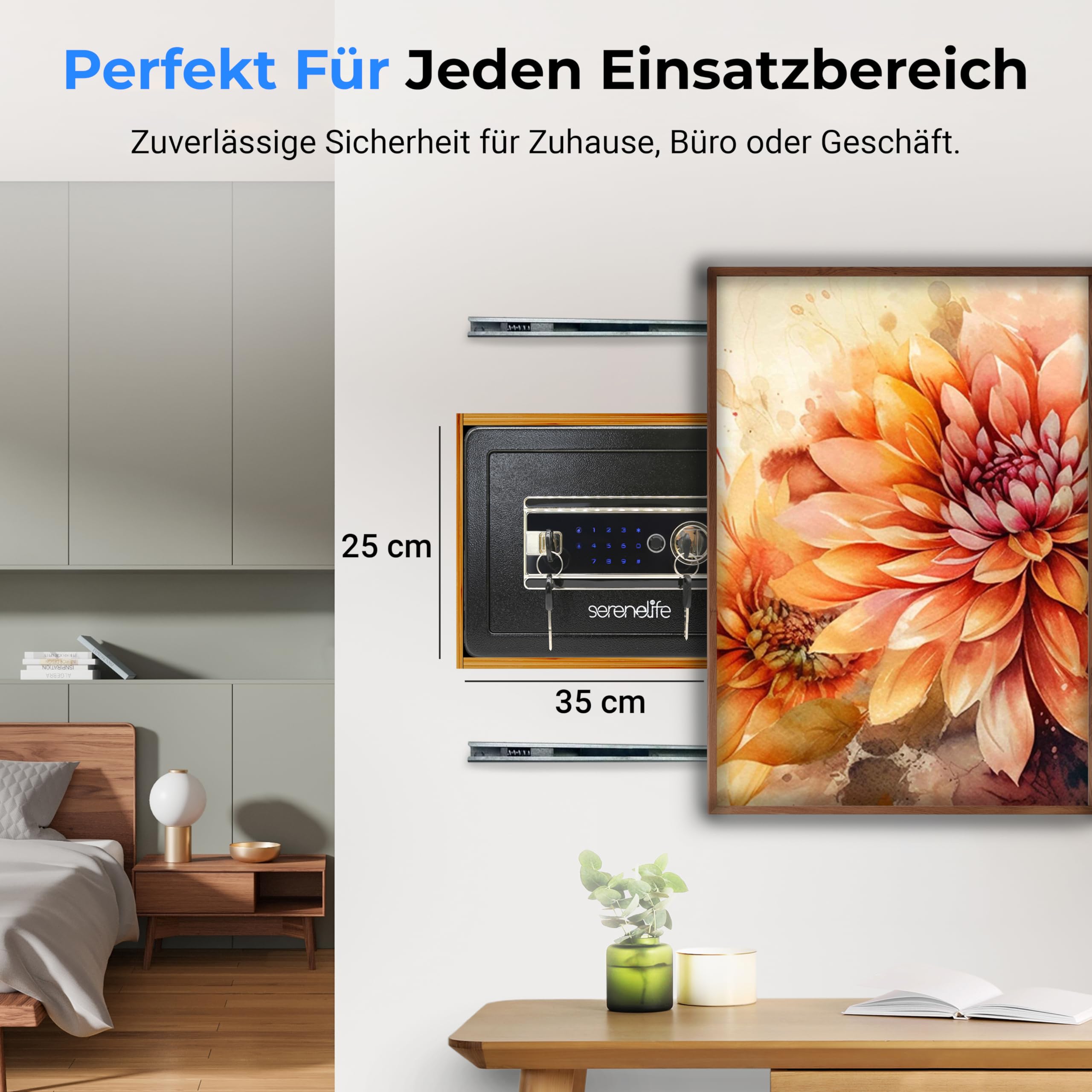 SereneLife 18L Tresor, Safe Für Zuhause Feuerfest & Wasserdicht, Digitaler Heimtresor mit Zugriff per Fingerabdruck, Möbeltresor mit Code & Schlüsseln, Safe Box für Wertsachen, Bargeld, Schmuck, Gold
