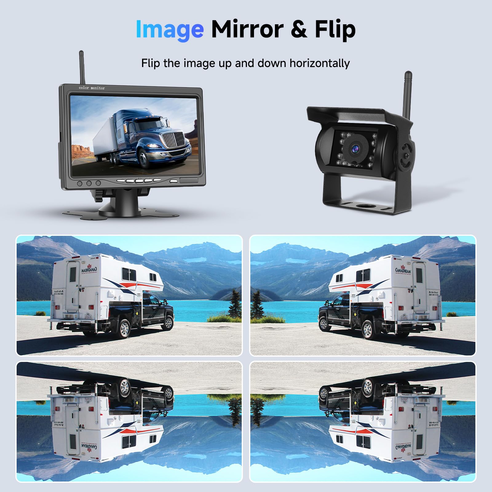 1080P HD Kabelloses Vier-Rückfahrkamera-Kit, 7-Zoll-LCD-Monitor mit 4 Rückfahrkameras für Anhänger, Wohnmobil, Camper, LKW, Auto, Bus, DIY-Führungslinien, IP68 wasserdicht, Nachtsicht, BSD, 12 V-36 V