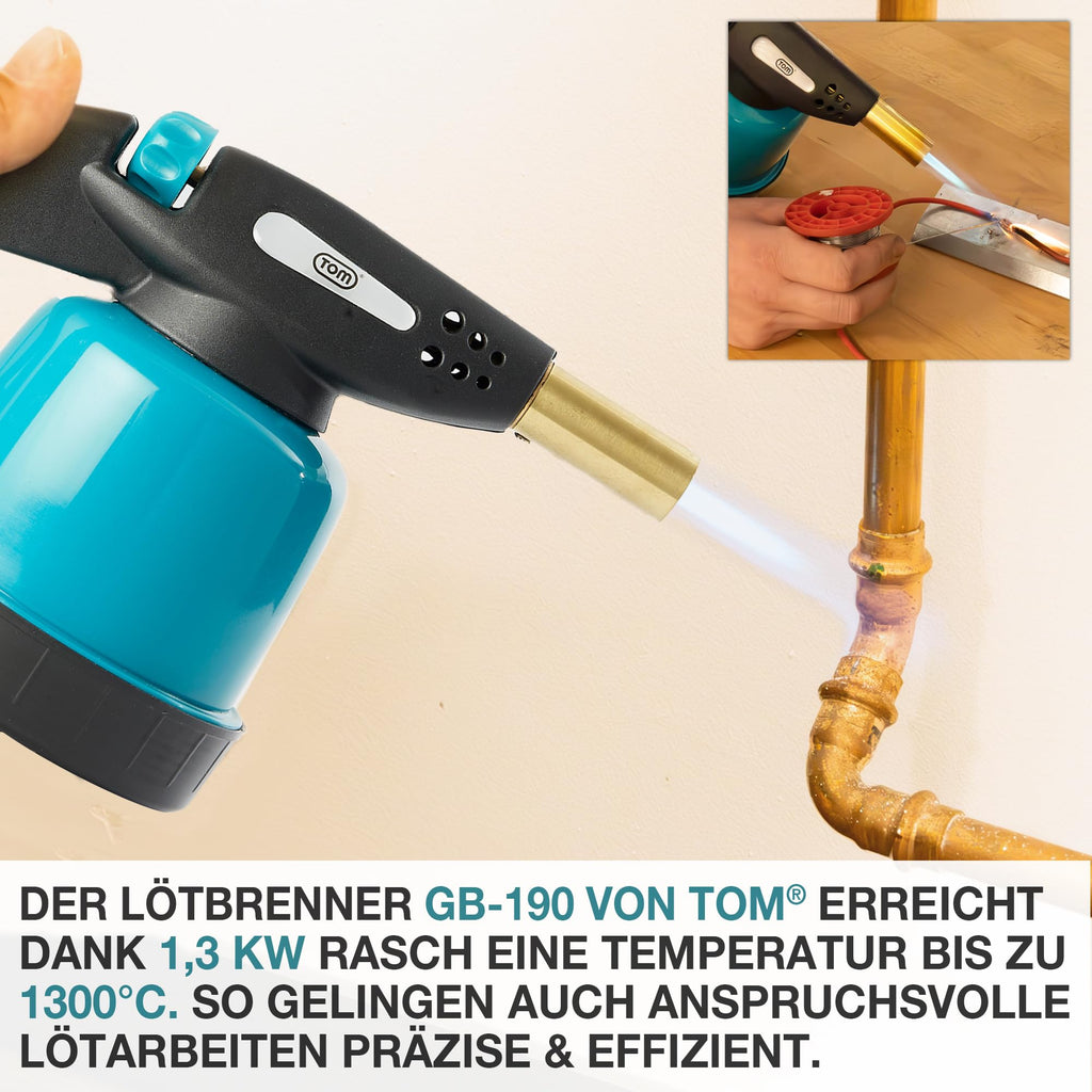 TOM Gas-Lötbrenner im Set – inkl. 4 x 190 g Universal Gaskartuschen – 1300°C – Lötlampe zum Weich- oder Hartlöten – Piezozündung – Bunsenbrenner Gasbrenner (Lötbrenner mit 4 Gaskartuschen)