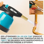 TOM Gas-Lötbrenner im Set – inkl. 4 x 190 g Universal Gaskartuschen – 1300°C – Lötlampe zum Weich- oder Hartlöten – Piezozündung – Bunsenbrenner Gasbrenner (Lötbrenner mit 4 Gaskartuschen)