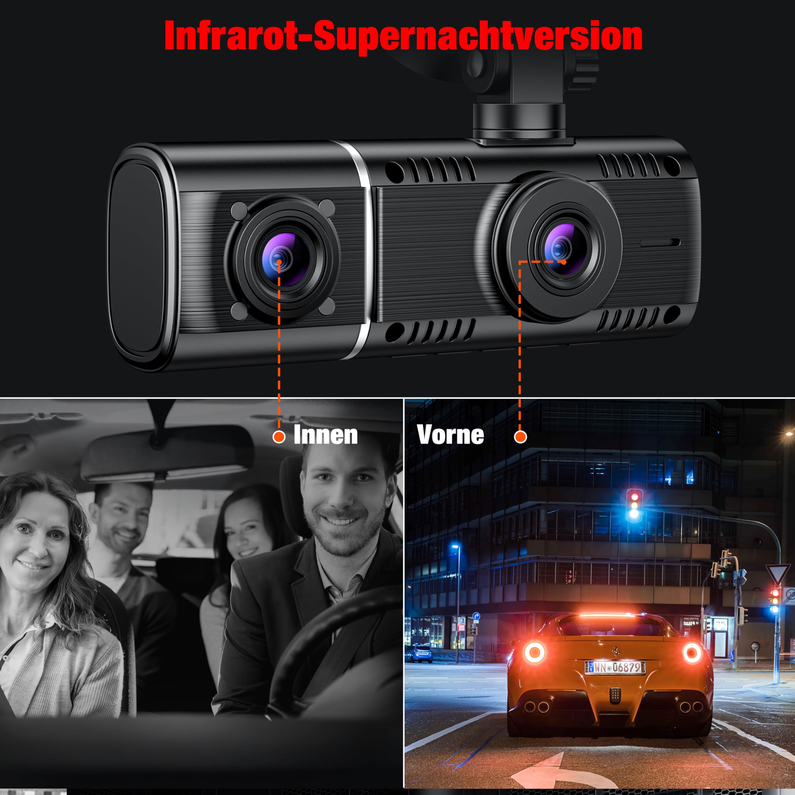 Volam 3 Kanal Dashcam Auto Vorne Hinten und Innen mit Akku, 1080P Dash Cam mit Auto Kamera Parküberwachung, Infrarot Nachtsicht WDR, G Sensor, 170° Weitwinkel Dash Camera mit Rückfahrkamera