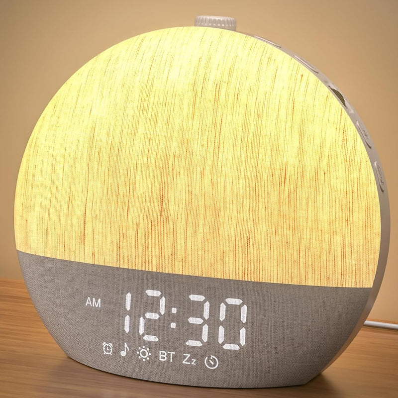 LIORQUE Tageslichtwecker, Lichtwecker Sonnenaufgang Wecker mit Wake Up Light, 17 Lichtfarben, 30 Beruhigenden Klängen, Dual-Alarm & Bluetoothfunktion - Stoffdesign, Erwachsene Kinder