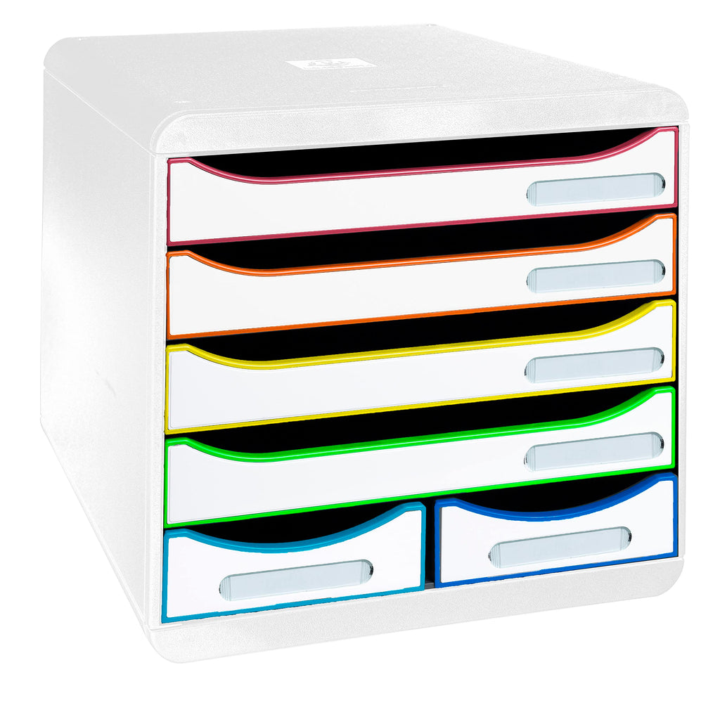 Exacompta 312913D Ablagebox Harlekin aus Recycling-Kunststoff mit 4 Schubladen für DIN A+ und 2 Schubladen für Utensilien. Belastbare Schubladenbox für mehr Platz. Blauer Engel Big Box Maxi weiß|bunt