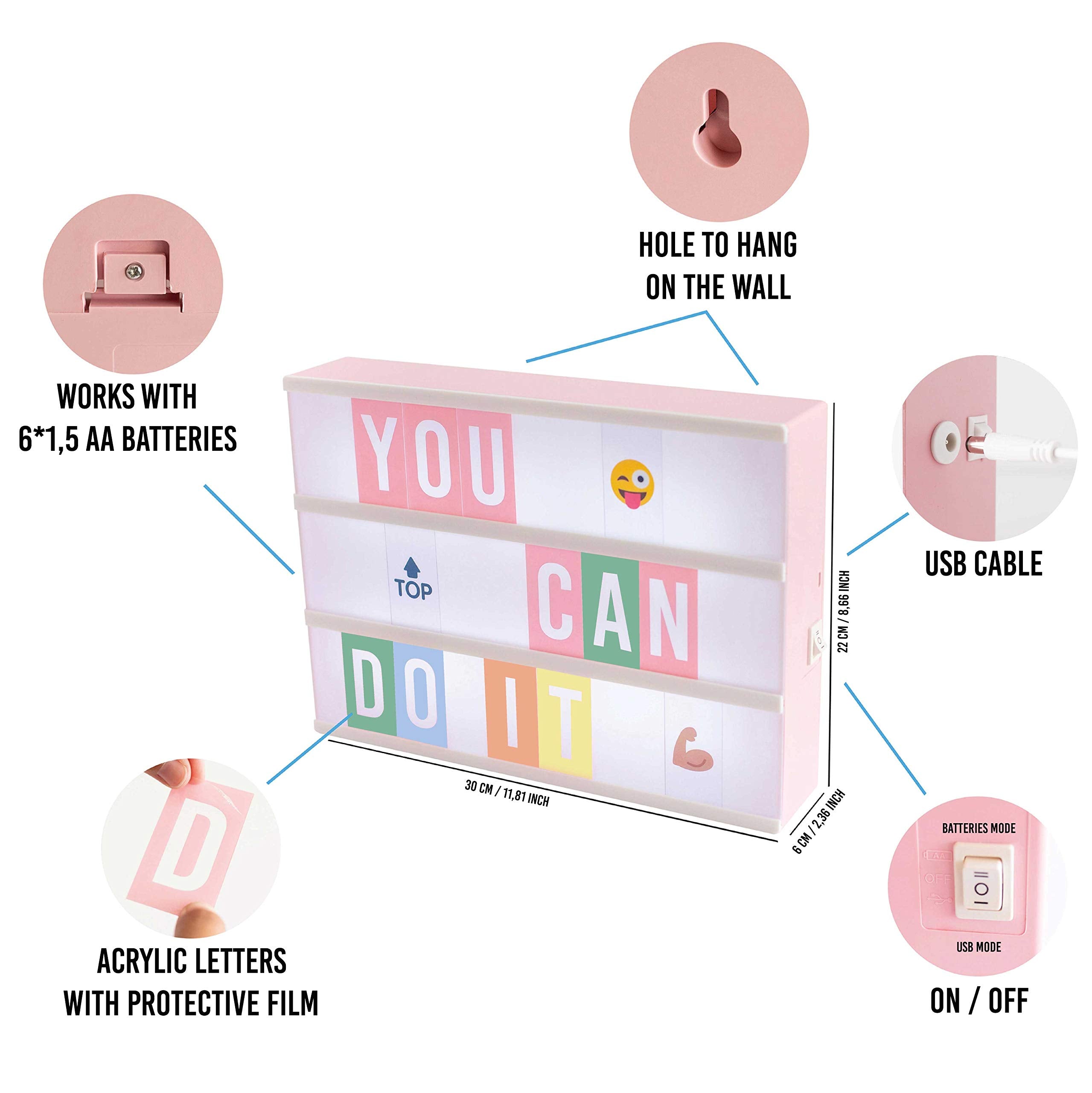 BONNYCO Light Box Rosa A4 mit 400 Buchstaben, Emojis, 2 Stifte, USB, Ä Ö Ü ß Enhalten. Pink Led Lightbox Buchstaben Geschenk für Frauen, Mädchen. Led Leuchtkasten Kinder Schlafzimmer, Wohnzimmer Deko