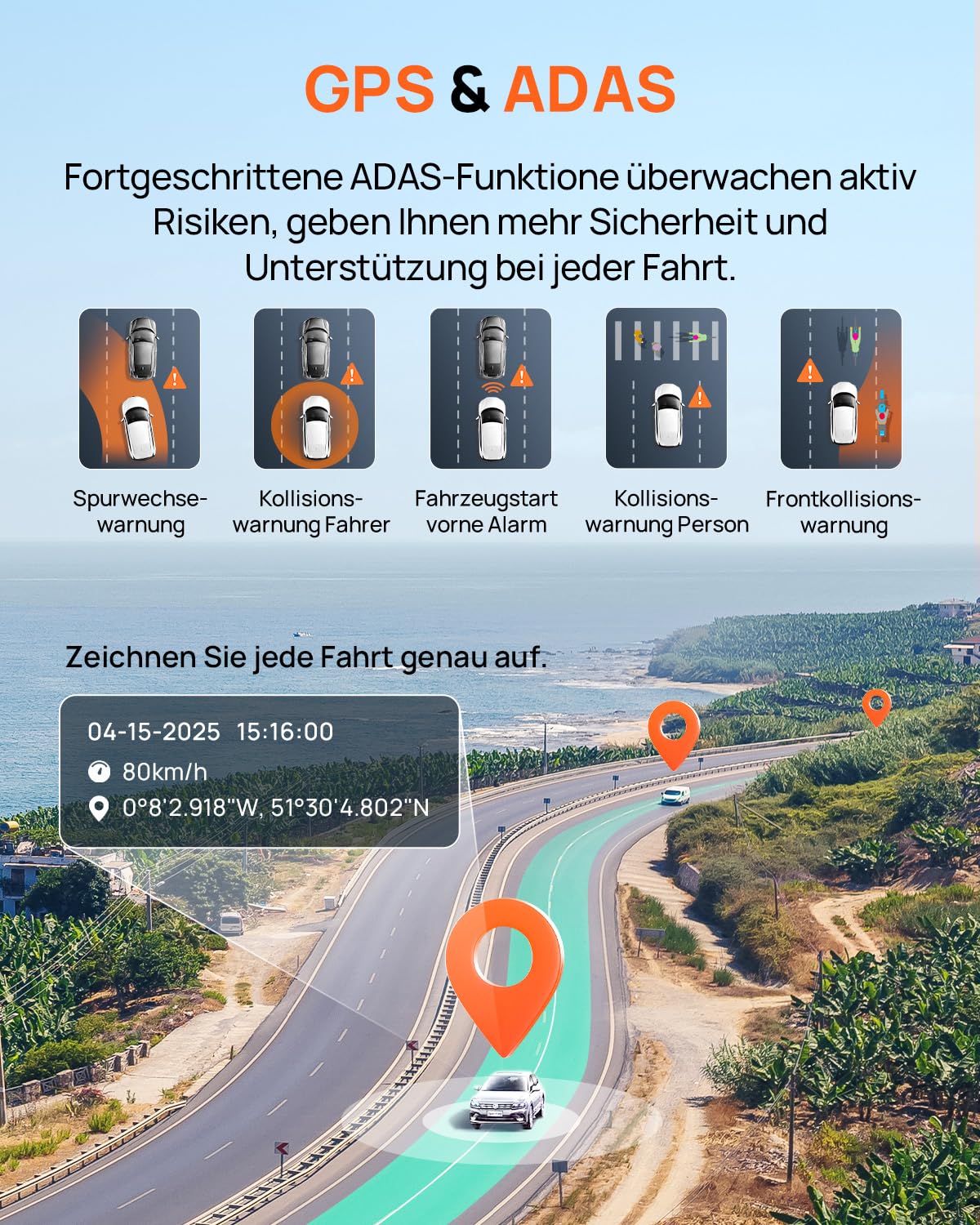 70mai A800SE Dashcam Auto Vorne Hinten 4K HDR 2160P+1080P mit 128GB SD Karte, Dual Autokamera 3" IPS, F1.55 Blende Nachtsicht, 210Sek.Puffer Notfall-Voraufzeichnung, Parküberwachung, Max 512GB