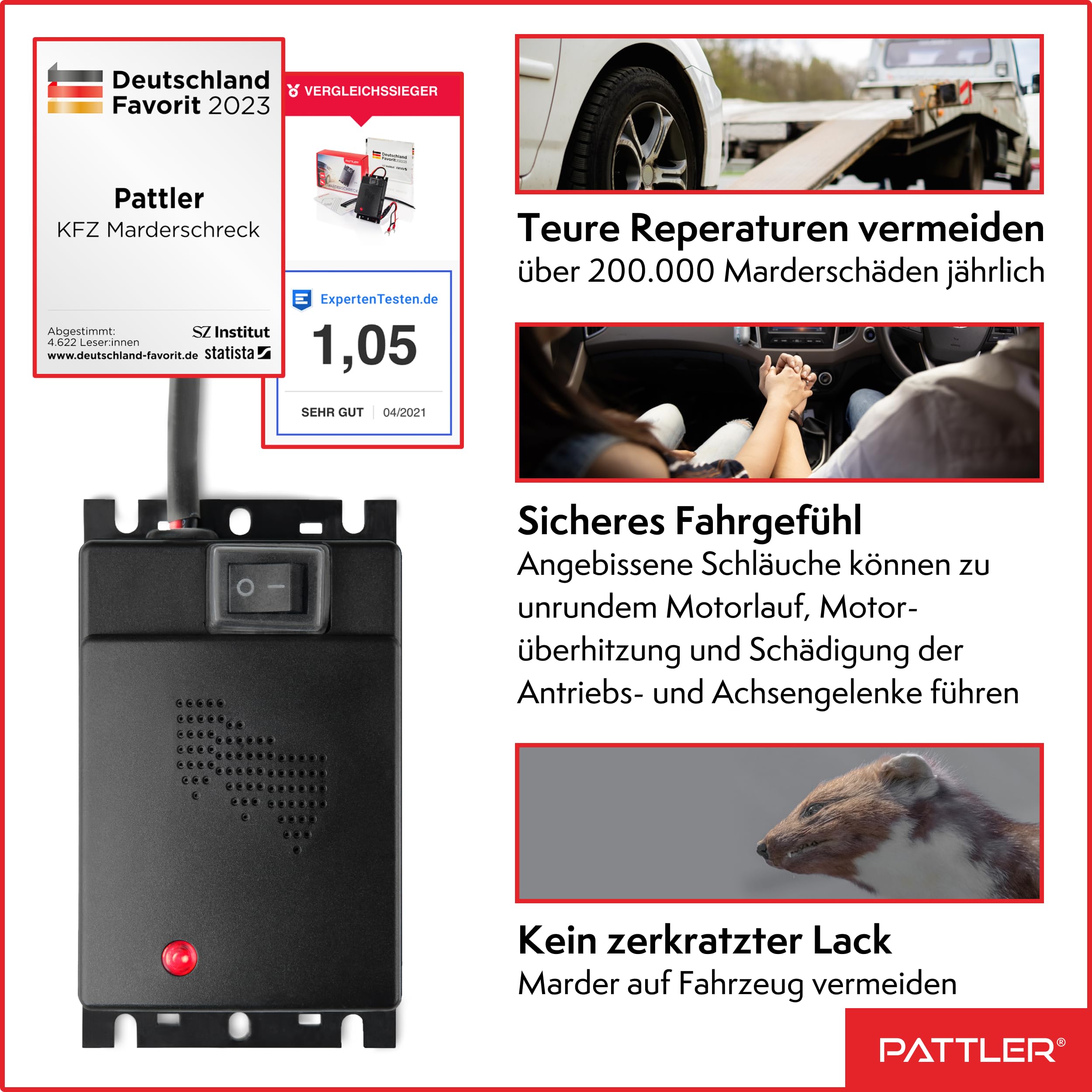 PATTLER® Marderschreck Auto - Marderabwehr mit Ultraschall. Anschluss an 12V Autobatterie. Sofortiger & Langfristiger Marderschutz im Motorraum
