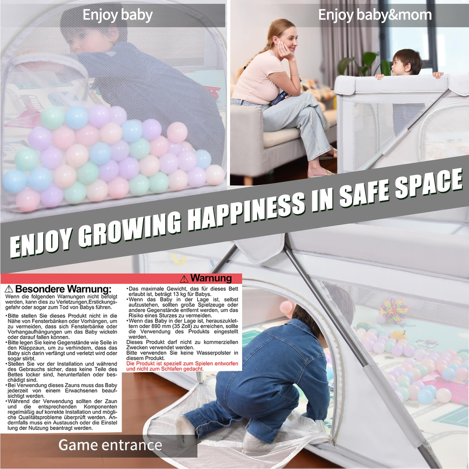 Baby Laufgitter faltbar, Heyo.Ja großer Spielhof, Laufgitter für Babys und Kleinkinder, Spiel Stifte für Babys und Kleinkinder mit Tor, tragbarer Laufstall für drinnen und draußen (150 x 180 x 68 cm)