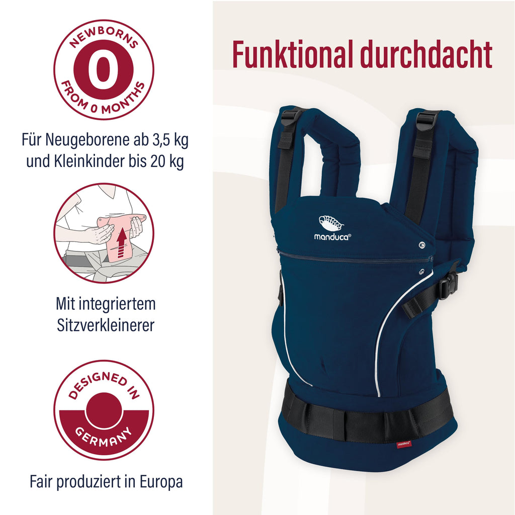 manduca First Babytrage - Verstellbarer und vielseitiger Tragesitz für Babys und Kleinkinder (3,5-20 kg) - Babytrage mit Front-, Hüft- und Rückentragefunktion ,Navy