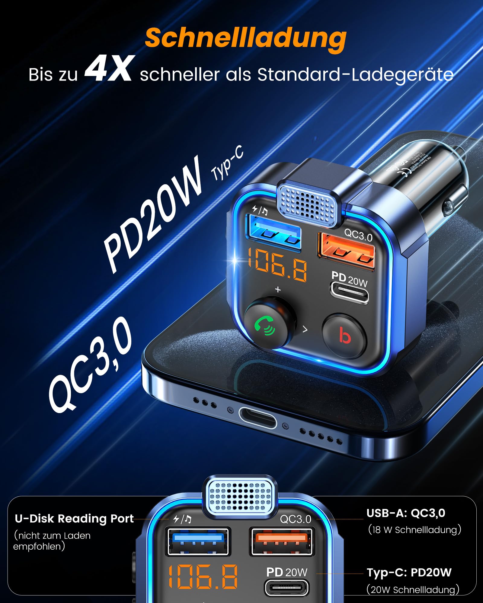 LENCENT 38W FM Transmitter Auto Bluetooth V5.3, Radio Deep Bass Musik Schnelles Autoladegerät Zigarettenanzünder, KFZ Bluetooth Adapter Freisprechanlage, Noise Cancelling Mikrofon, Lichtschalter