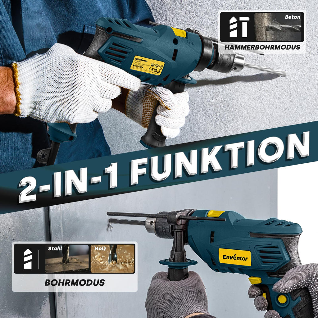 ENVENTOR 900W Schlagbohrmaschine, Elektrische Bohrmaschine mit 36 Stück Zubehör, 2-in-1 Funktion, 0–3000 RPM, 360° Zusatzgriff, 13mm Bohrfutter, für Beton, Metall und Holz