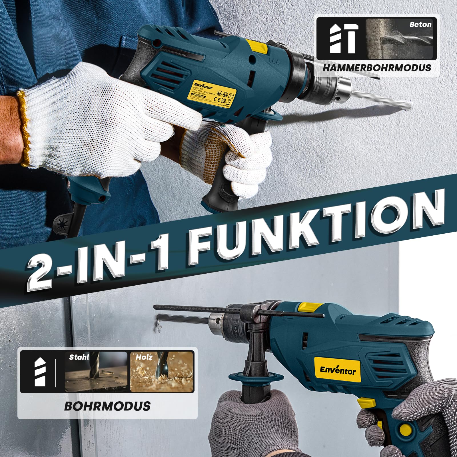 ENVENTOR 900W Schlagbohrmaschine, Elektrische Bohrmaschine mit 36 Stück Zubehör, 2-in-1 Funktion, 0–3000 RPM, 360° Zusatzgriff, 13mm Bohrfutter, für Beton, Metall und Holz